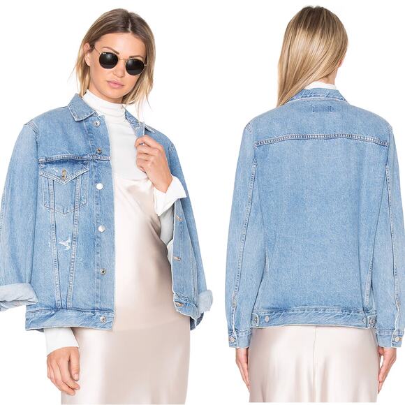 AGOLDE Jessie Denim Jacket Women’s Size Large Brooklyn Blue Distressed Casual - Picture 1 of 8